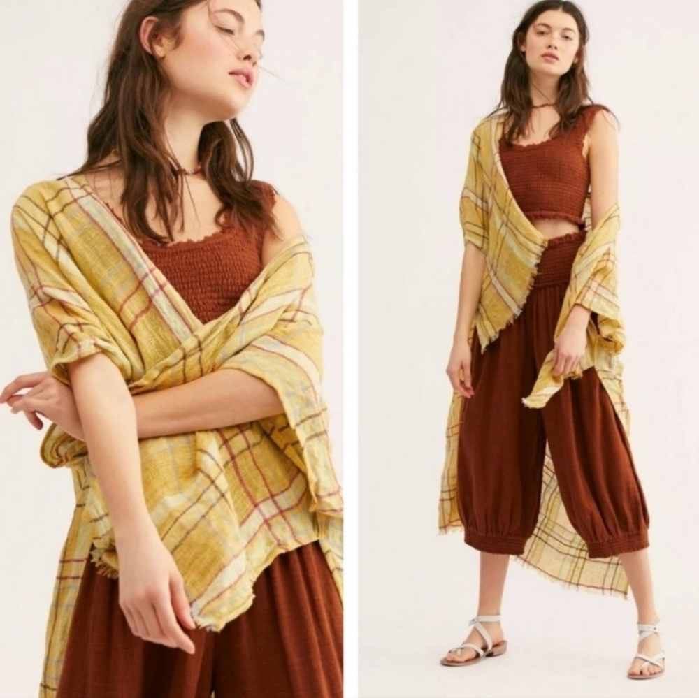 Free People Yellow Plaid Open Kimono Wrap with Frayed Hem